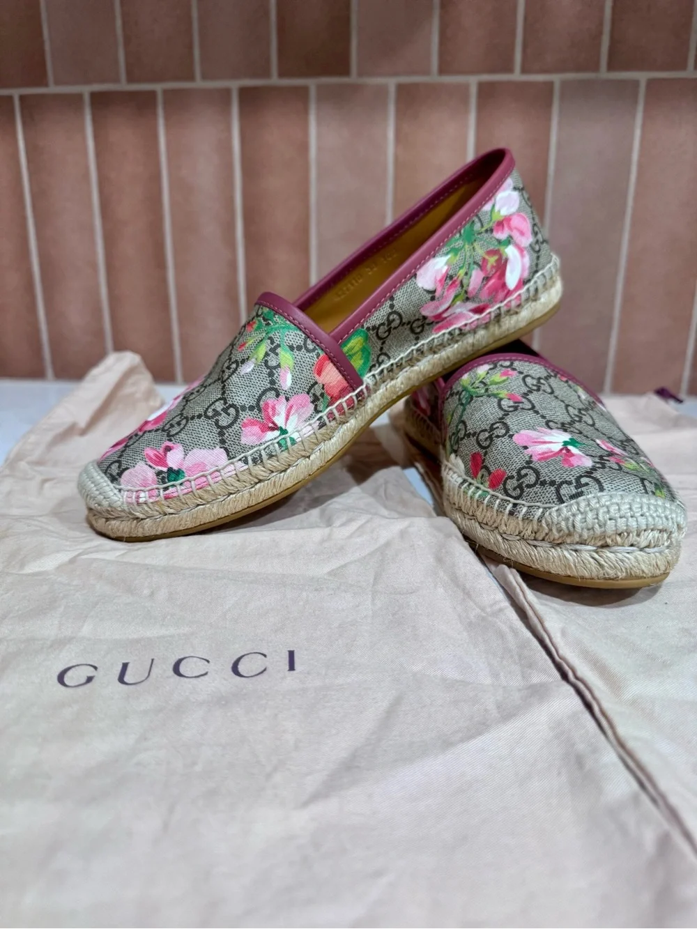 Gucci Floral GG Canvas Espadrilles with Pink Trim